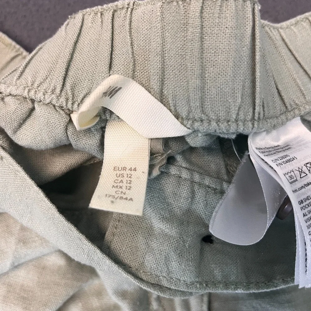 H&M Linen Blend Straight Retro Trouser Pants Women's Sz 12 Green Grey Beach Wide